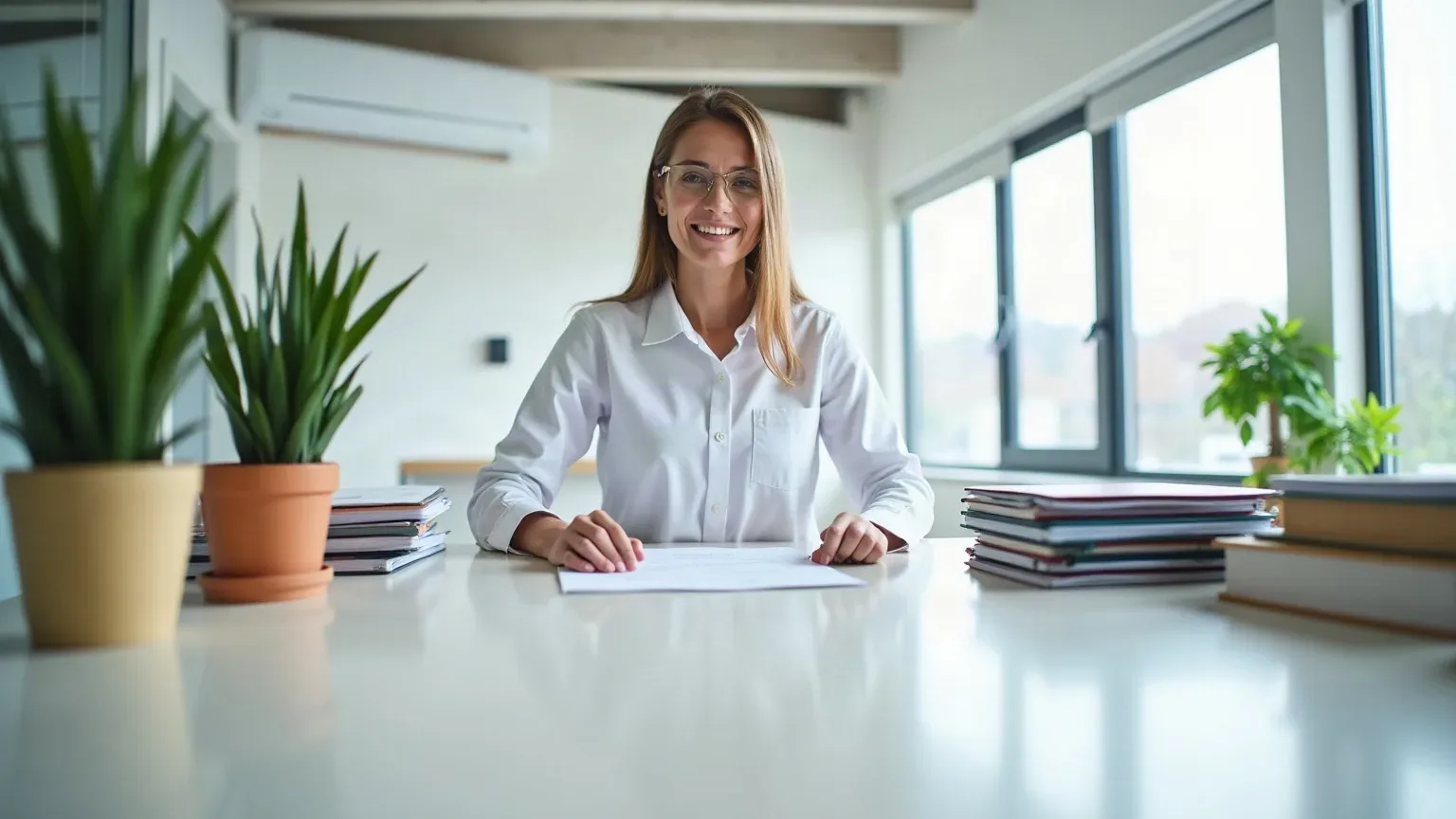 A person in a white shirt and glasses sits smiling behind a white desk with stacked notebooks and a potted plant in a bright modern office