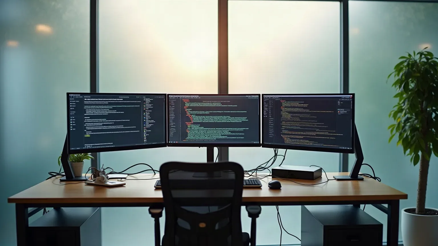 A triple-monitor workstation on a wooden desk displays colourful code editors, set before frosted glass windows with a black mesh chair in front