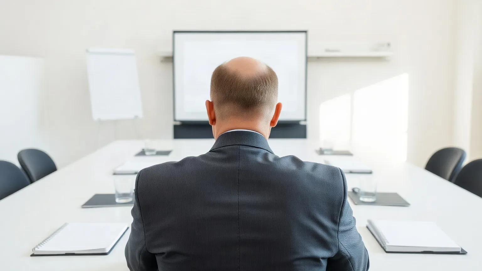 A person in a dark suit sits alone at a long white meeting table, seen from behind, facing a blank projection screen in a meeting room