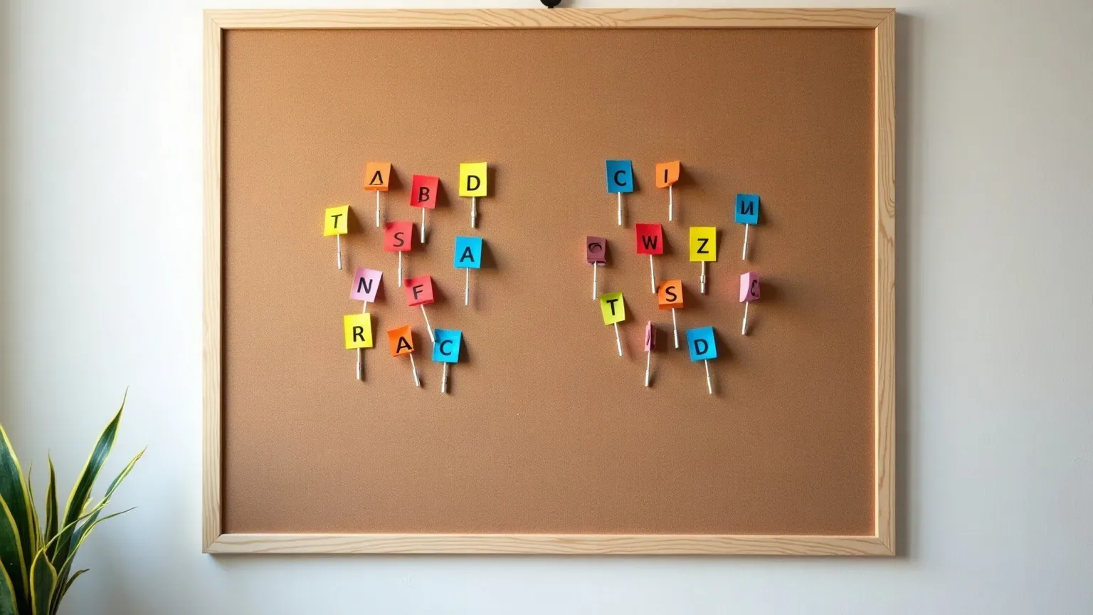 A cork pinboard mounted on a pale wall holds two loose clusters of small colourful pinned paper flags, with a potted plant visible at the lower left