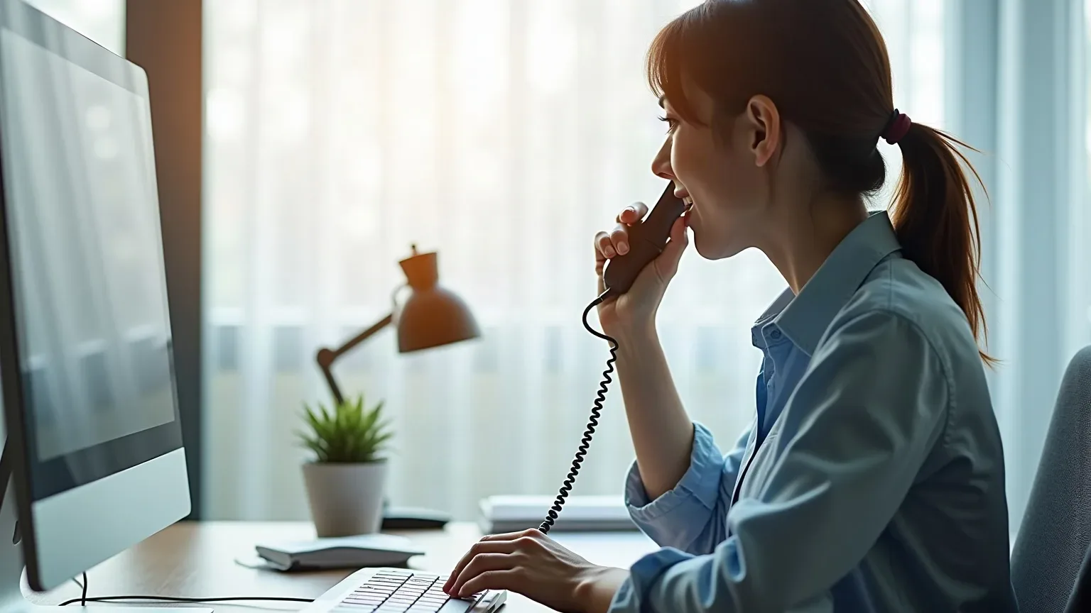 A person sits at a desk talking on a corded telephone handset whilst typing on a keyboard, with a computer monitor, lamp and small plant visible in a softly lit office