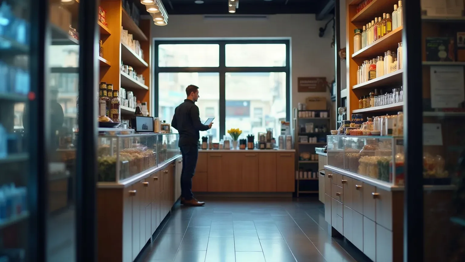 A person stands holding a tablet behind a glass display counter in a small well-lit retail shop lined with shelving and bottled products