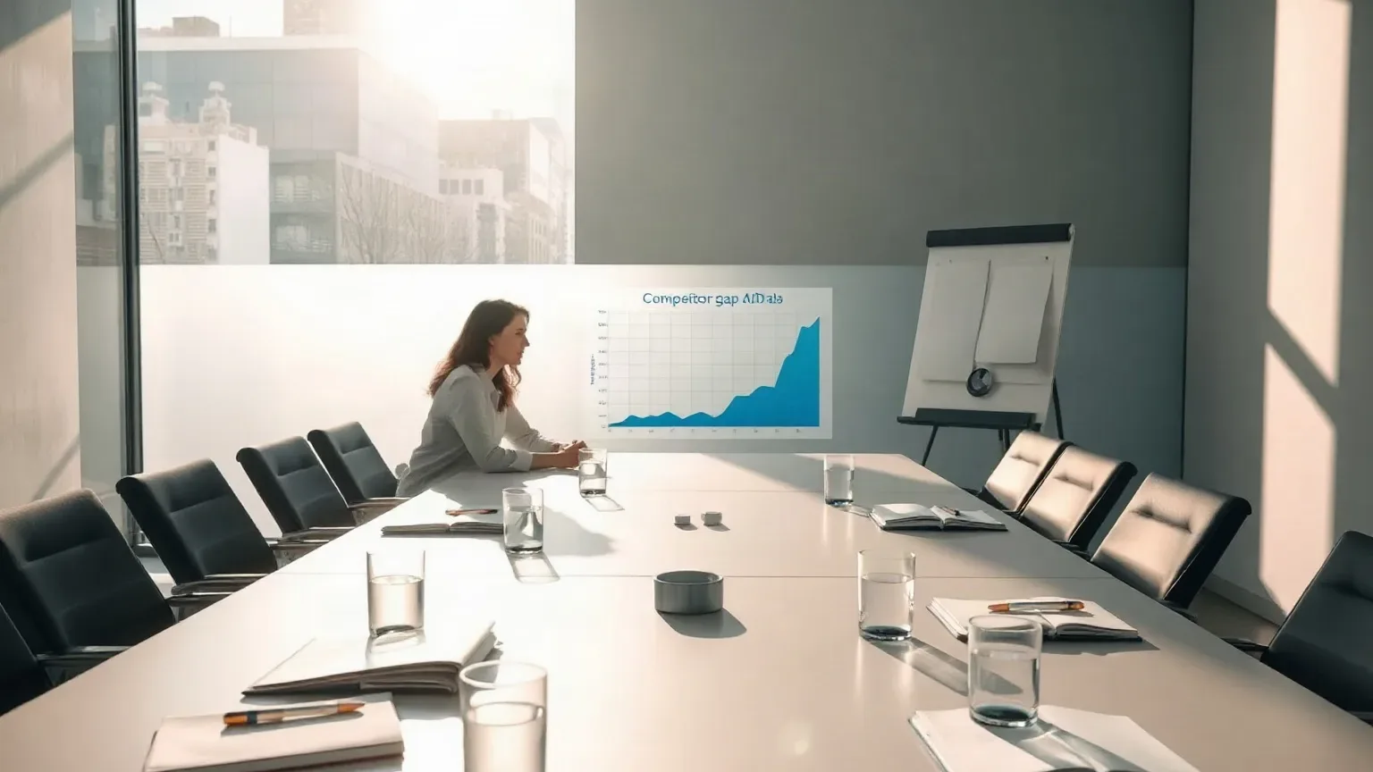A person sits alone at a long meeting table set with notebooks and water glasses, facing a projected chart on the wall in a sunlit conference room