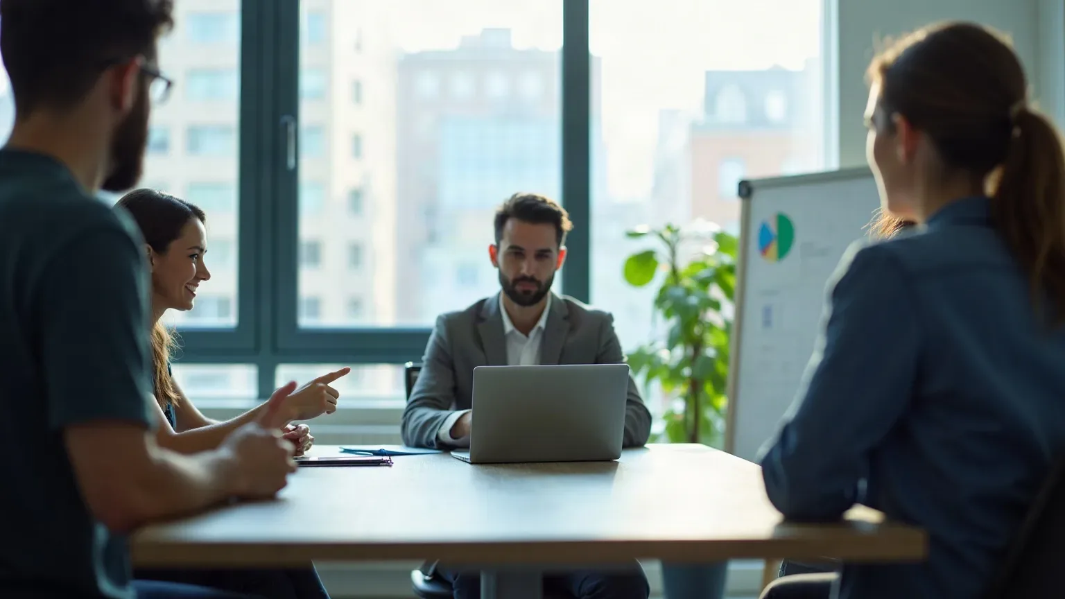 Four people seated around a meeting table in discussion, with a laptop open on the table and a flipchart with a pie chart visible in the background