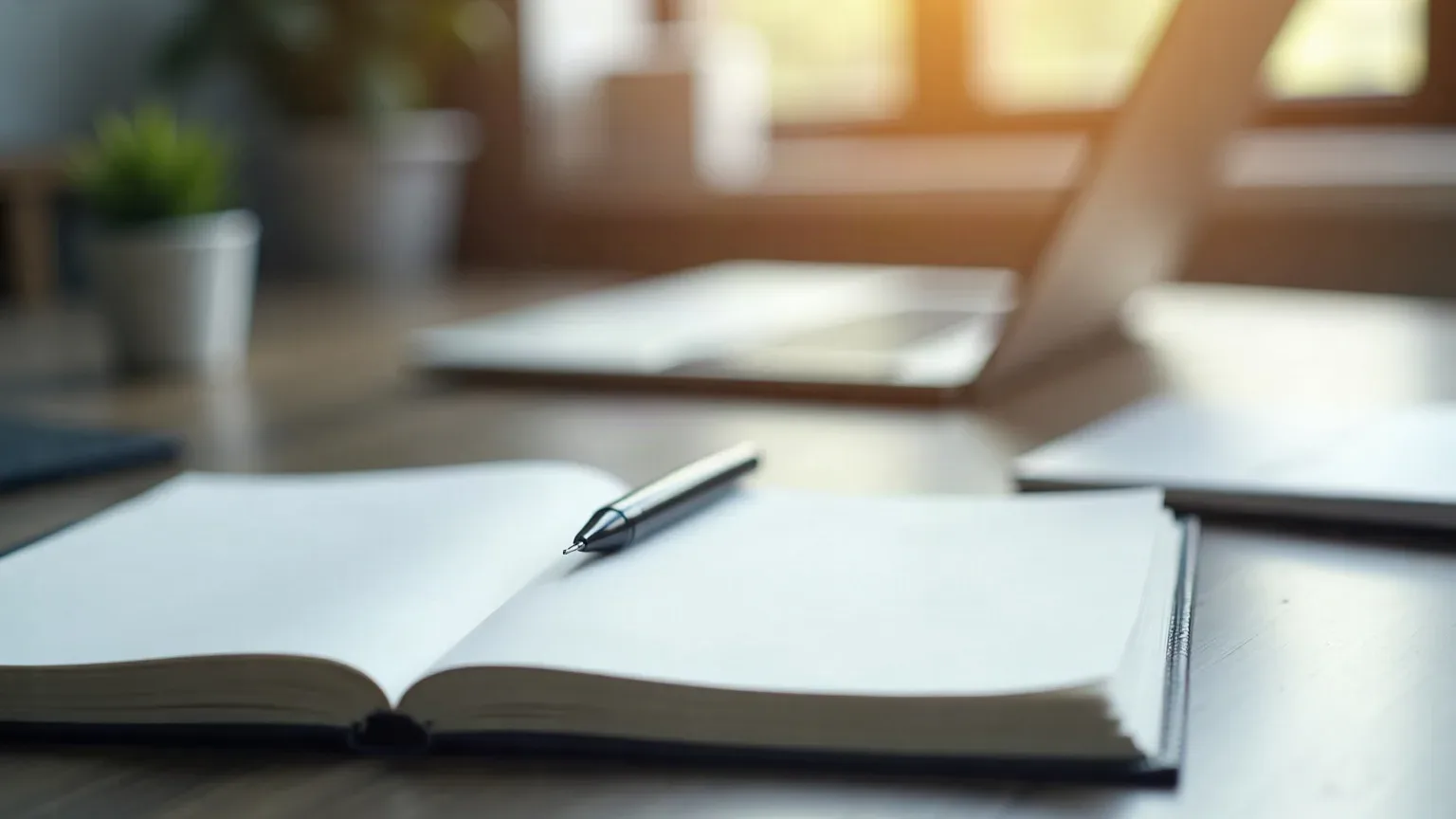 An open notebook with an uncapped pen resting on a dark desk, with a laptop and potted plant blurred in the background
