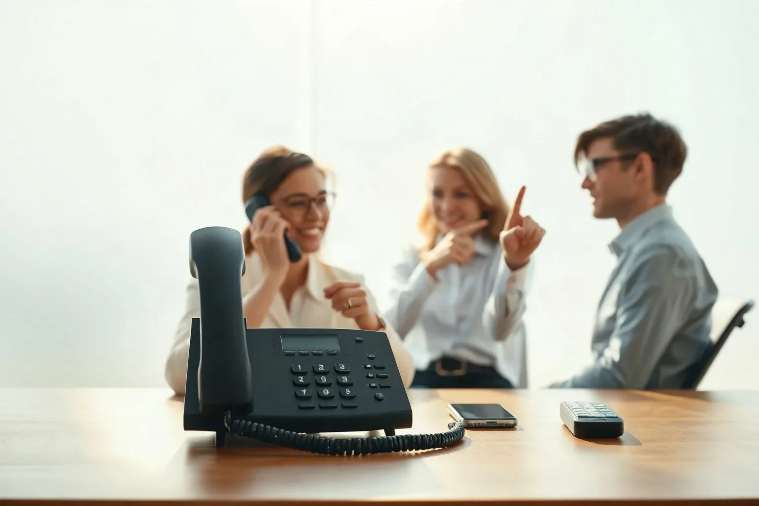 A desk phone handset lifted mid-call