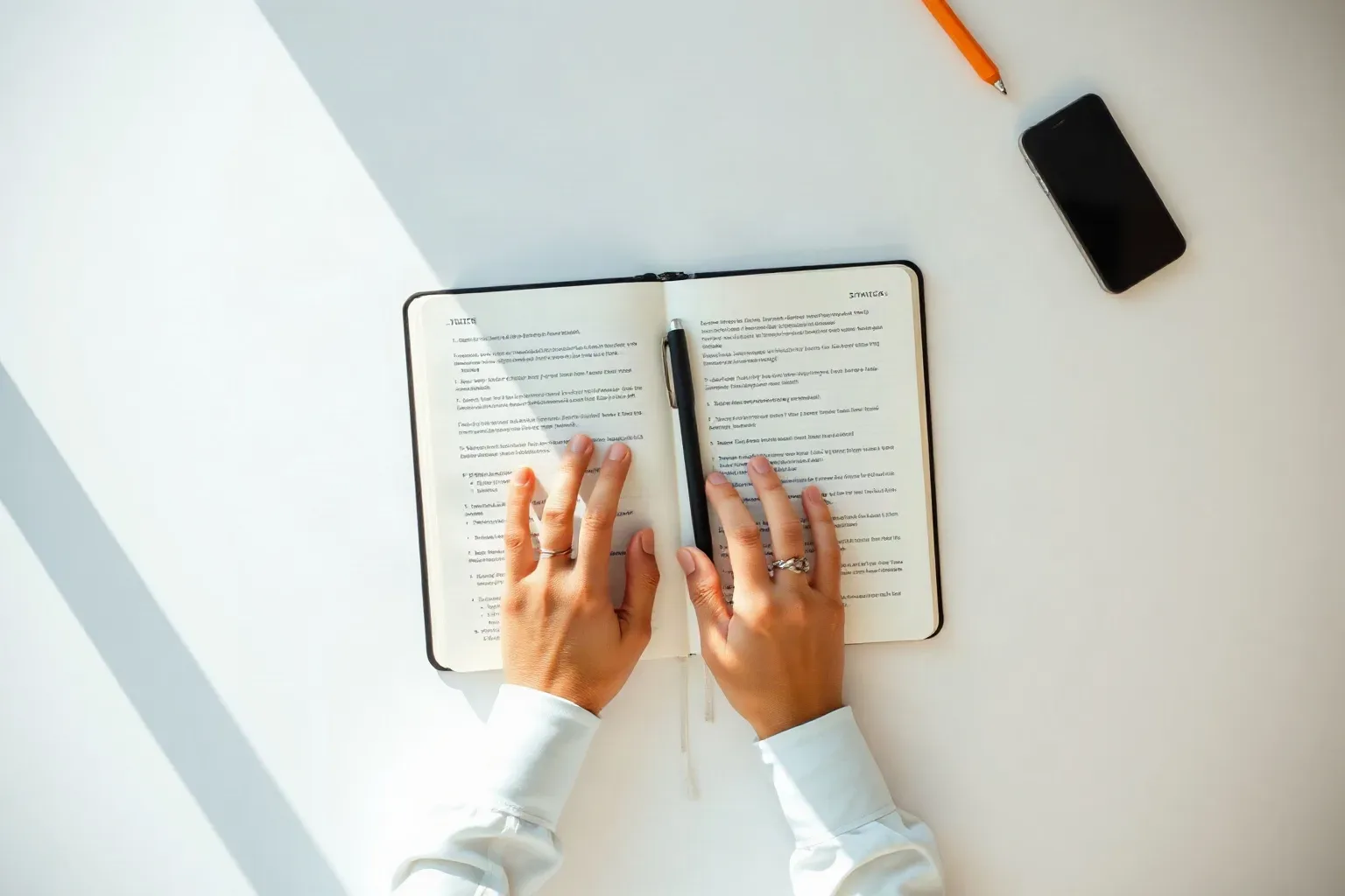 An open notebook resting on a strategy desk with an uncapped pen