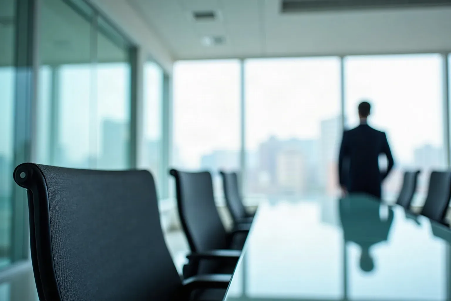 A person in a dark suit stands with their back to camera at floor-to-ceiling windows beyond a long conference table lined with dark chairs
