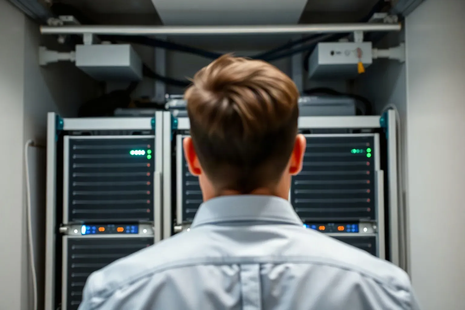 A server rack in a SaaS company's back office with indicator lights blinking