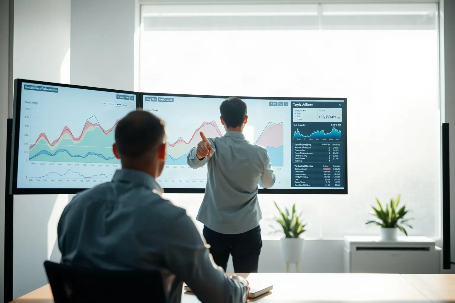 A wide monitor angled toward the camera showing abstract coloured graphs and link-metric curves