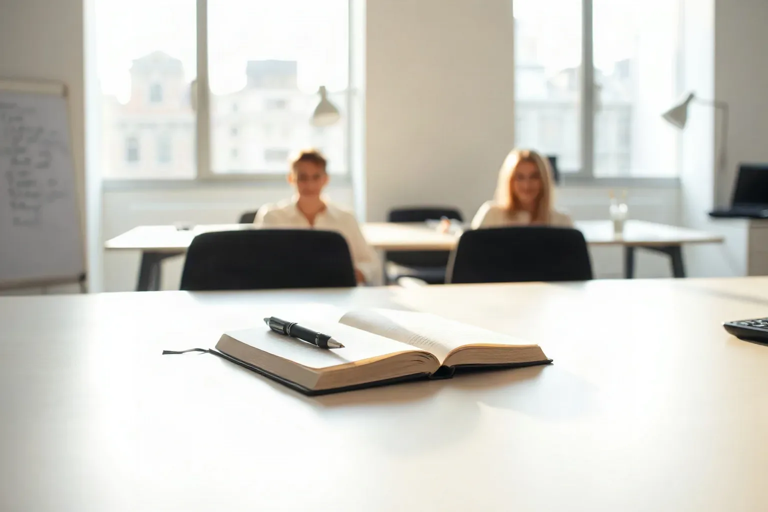 An open notebook resting on a strategy desk with an uncapped pen