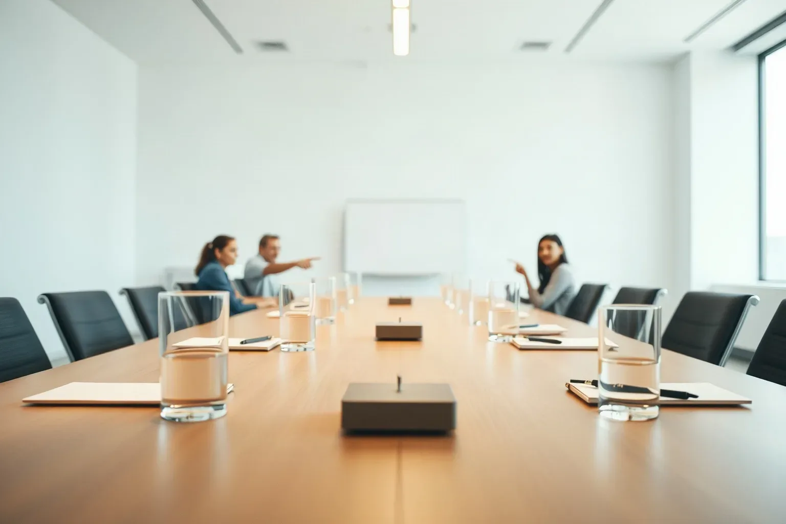 A long meeting table set for a strategy session with water glasses and notebooks