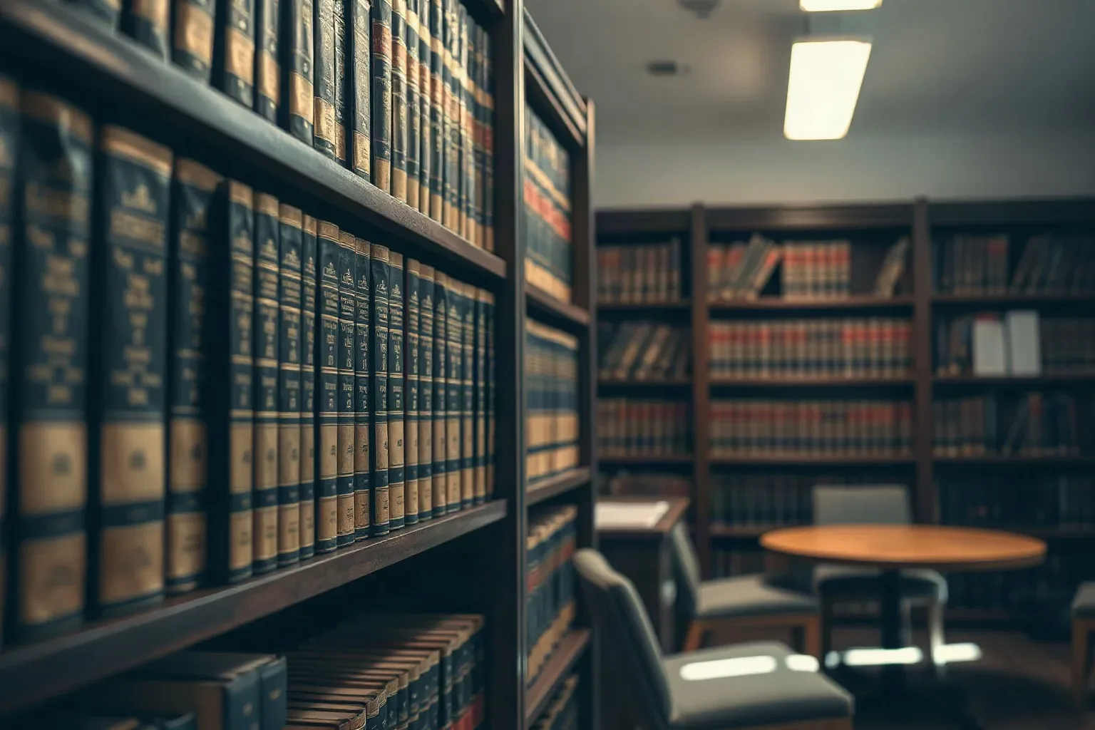Bound legal reference volumes filling a dark wood shelf in a solicitor's office