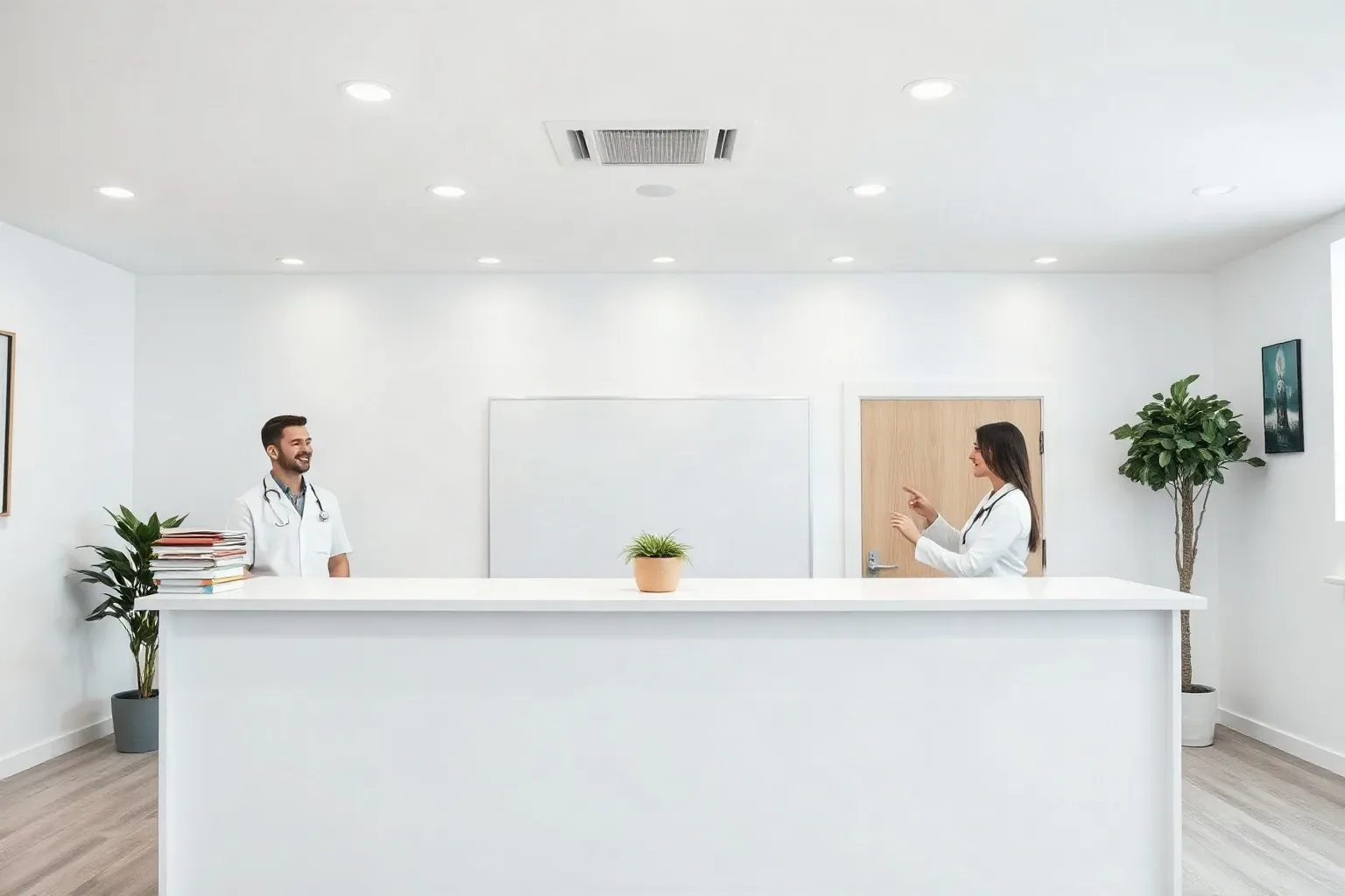 A clean healthcare reception desk with a potted plant and stacked unmarked folders