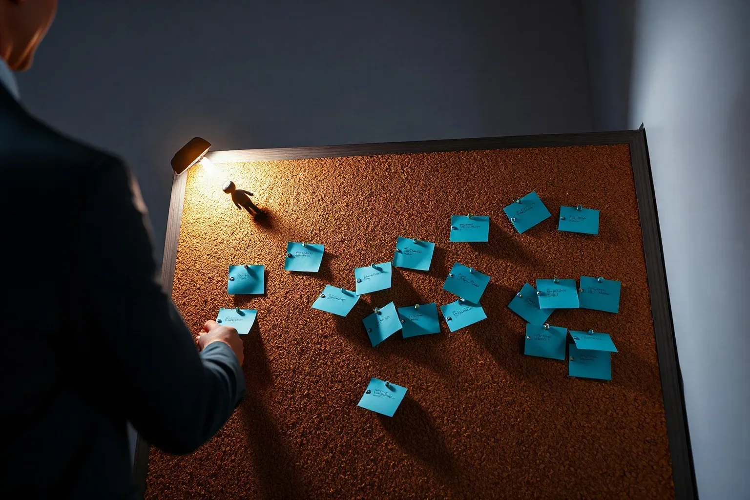 A cork pinboard covered in colour-coded flags arranged in loose clusters