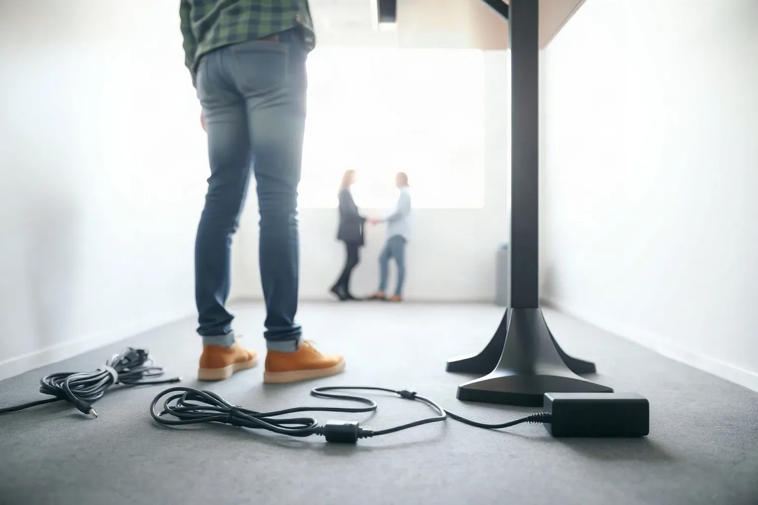 A neat cable tray beneath a standing desk with bundled leads and power strips