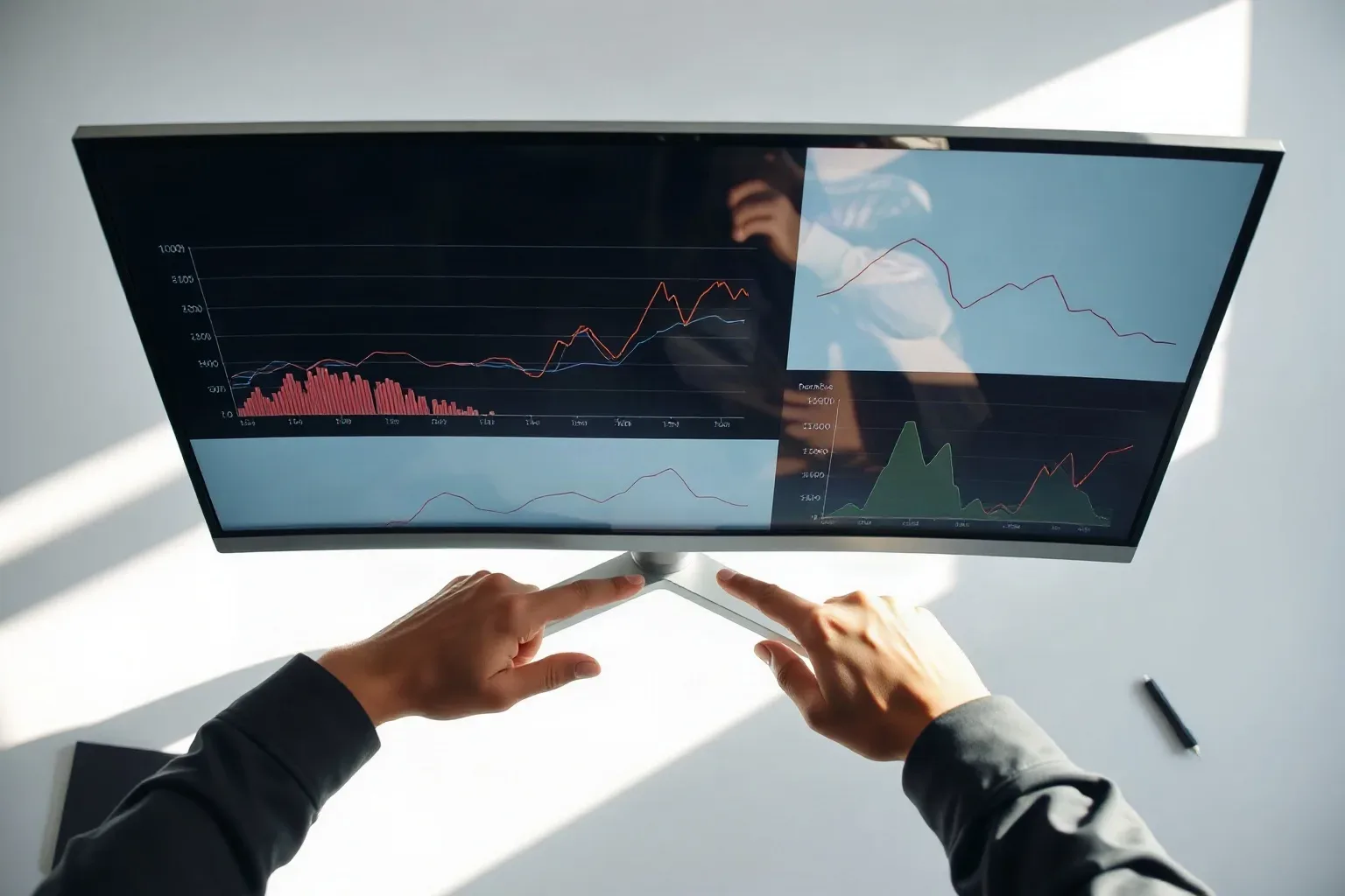 A wide monitor angled toward the camera showing abstract coloured graphs and link-metric curves