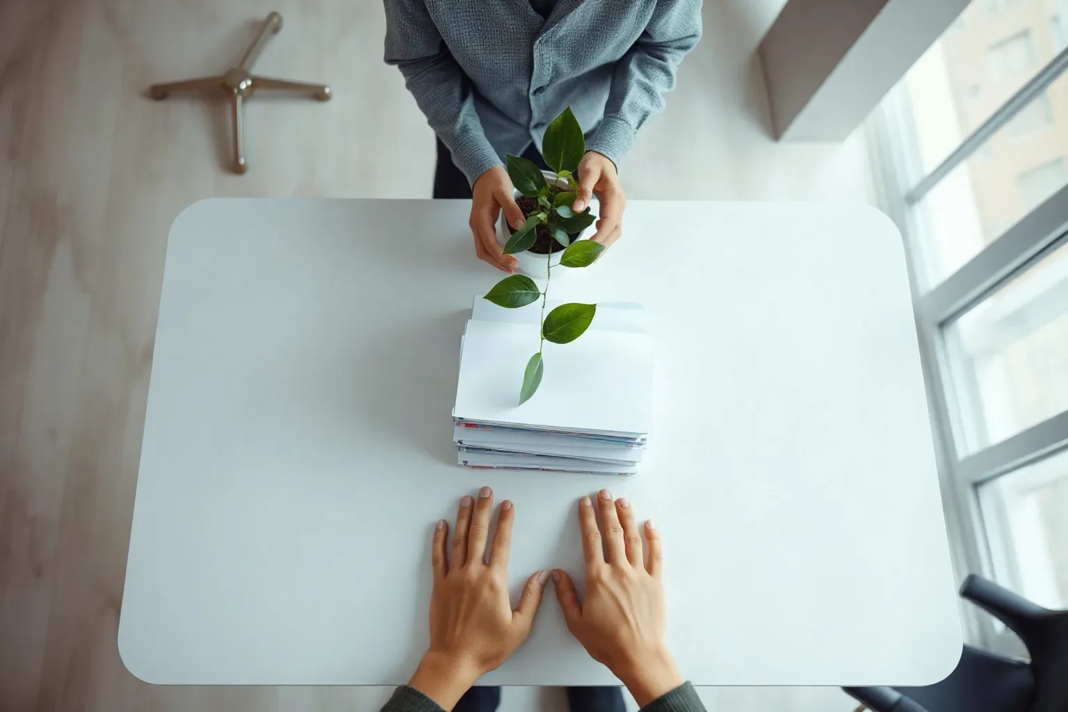 A clean healthcare reception desk with a potted plant and stacked unmarked folders