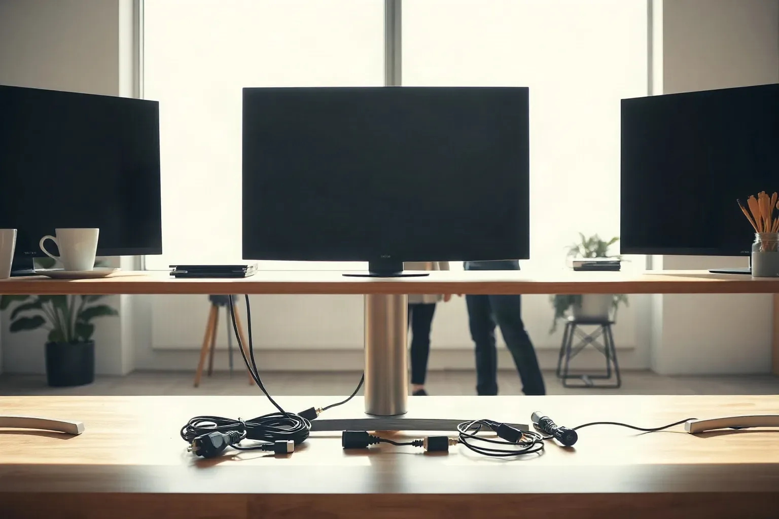 A triple-monitor standing desk with cables and adapters laid across it, a person visible in silhouette through a bright window behind