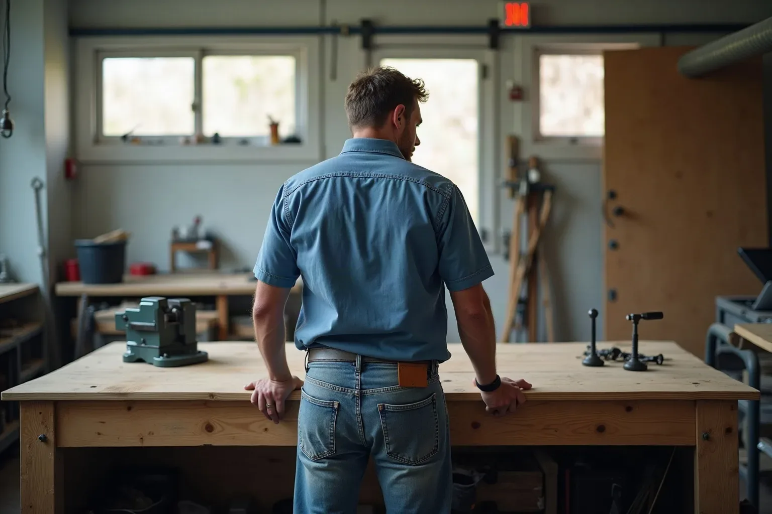 A person seen from behind stands at a large wooden workbench in a tidy workshop, with a vice and small tools on the bench surface