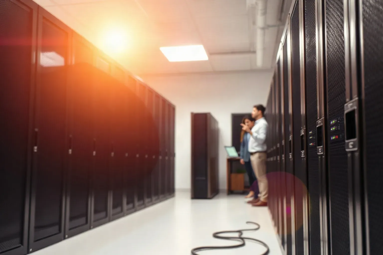A server rack in a SaaS company's back office with indicator lights blinking