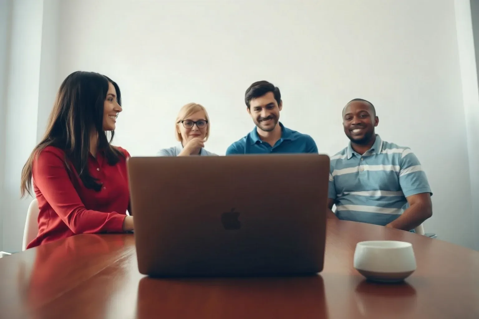 A laptop open at a shallow angle on a meeting table