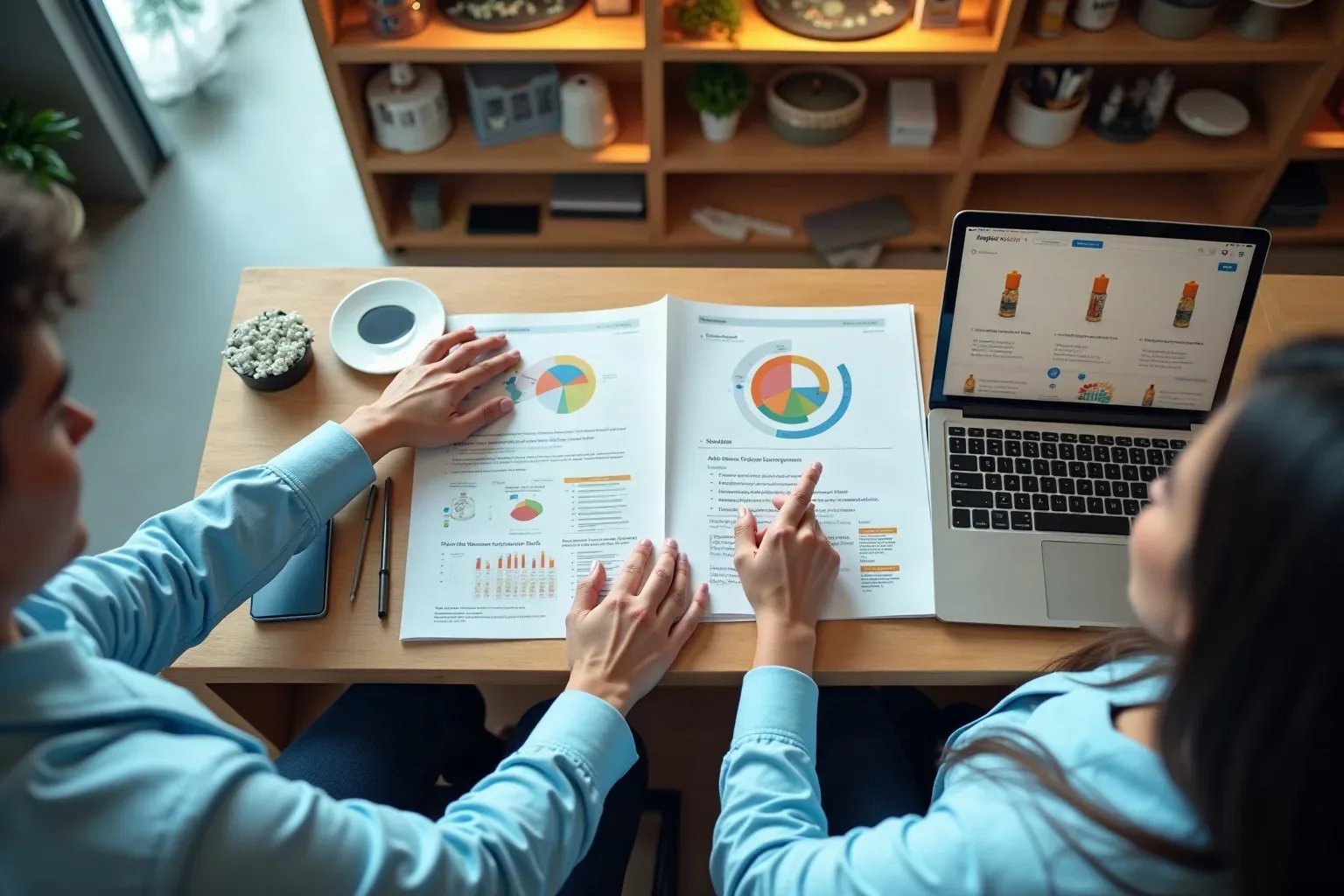 Two people in light blue shirts review printed charts and graphs spread open on a wooden desk beside an open laptop