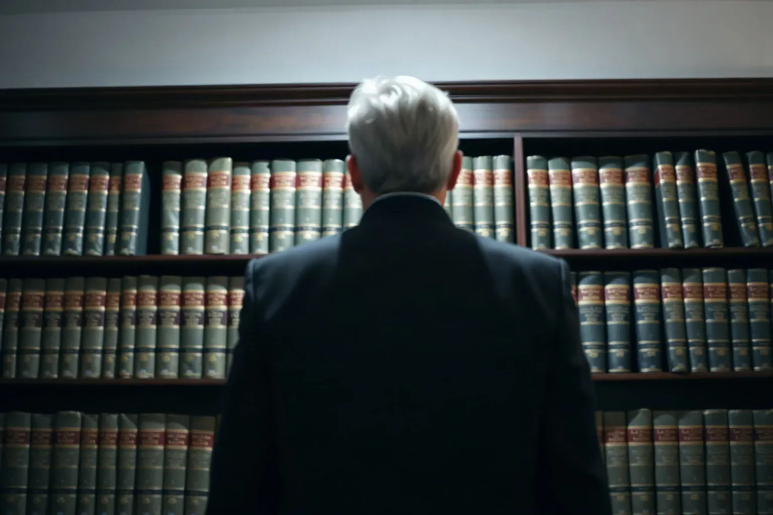 Bound legal reference volumes on a dark wood shelf in a solicitor's office
