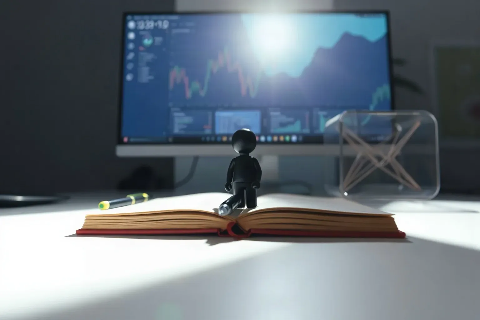 An open notebook resting on a strategy desk with an uncapped pen