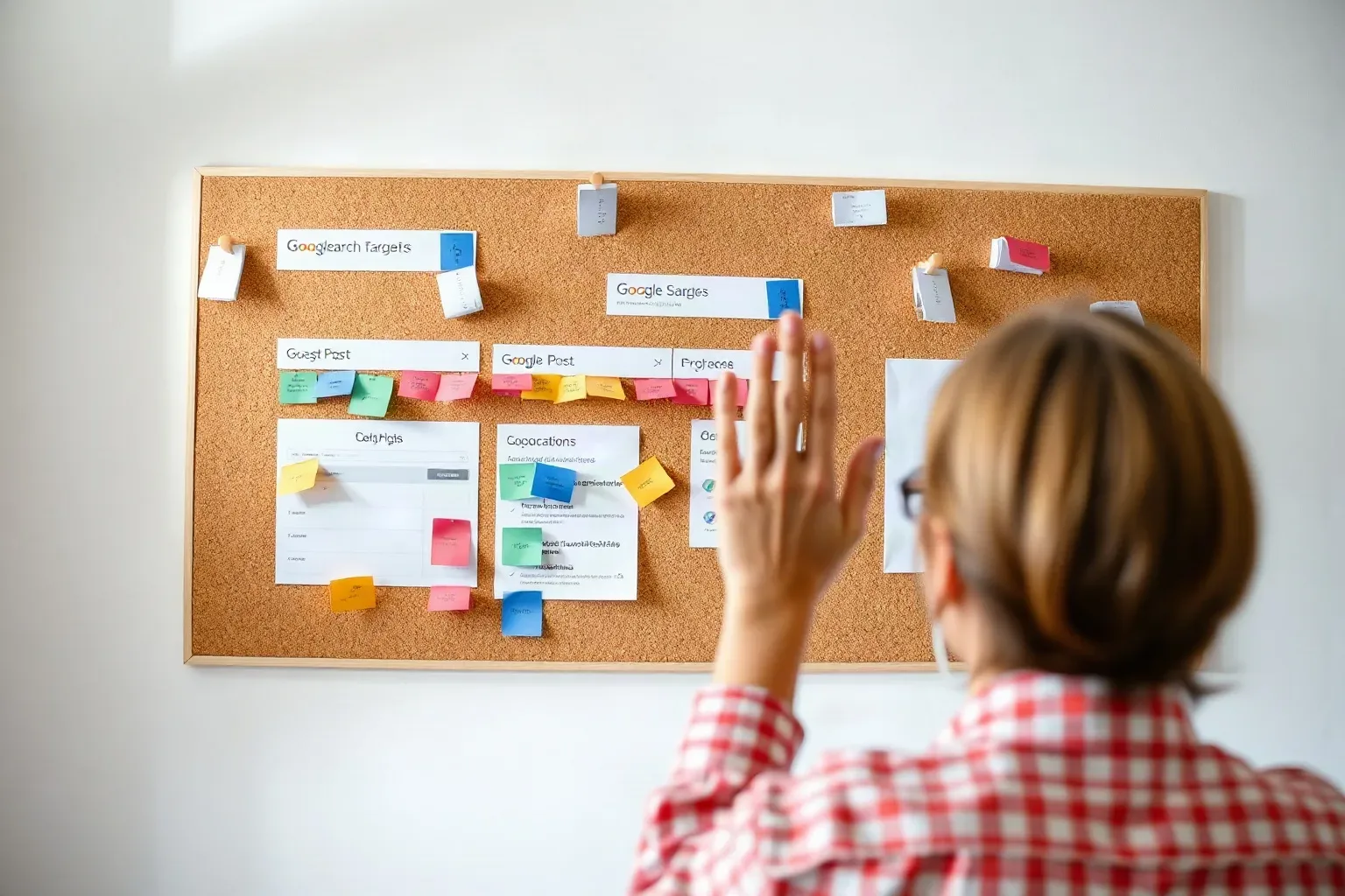 A cork pinboard with colour-coded flags in loose clusters