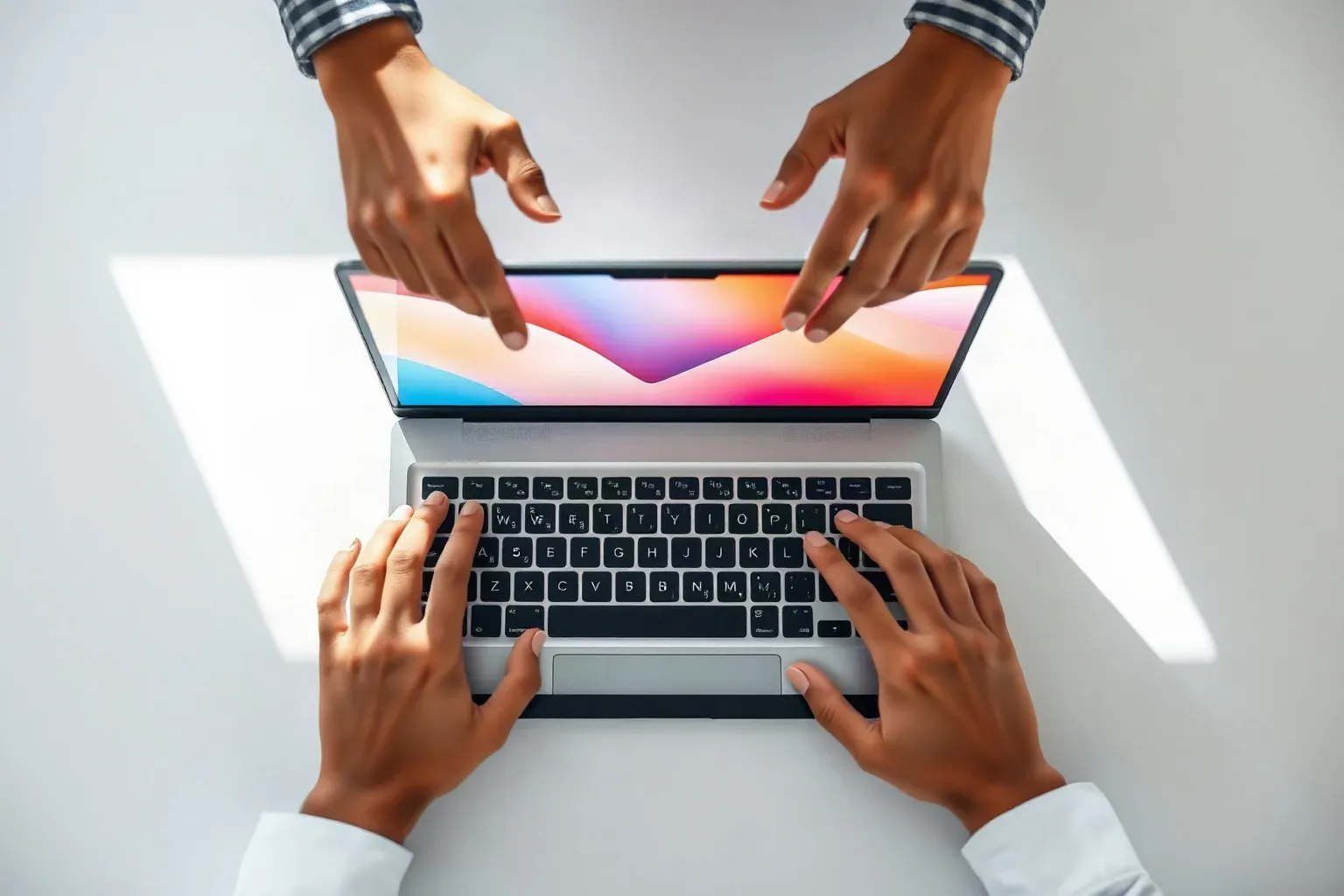 A laptop open at a shallow angle on a meeting table