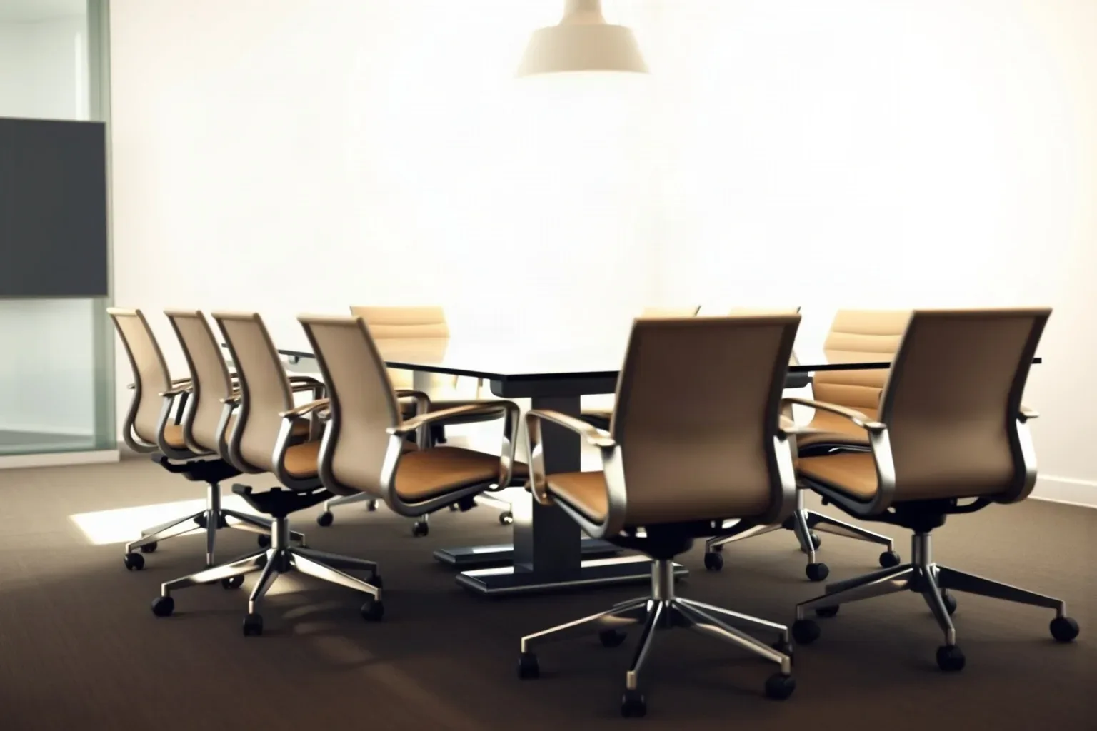 A row of matching conference chairs pushed under a glass-topped table in a corporate meeting room