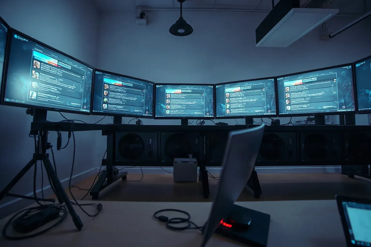 A neat cable tray beneath a standing desk packed with bundled leads and power strips