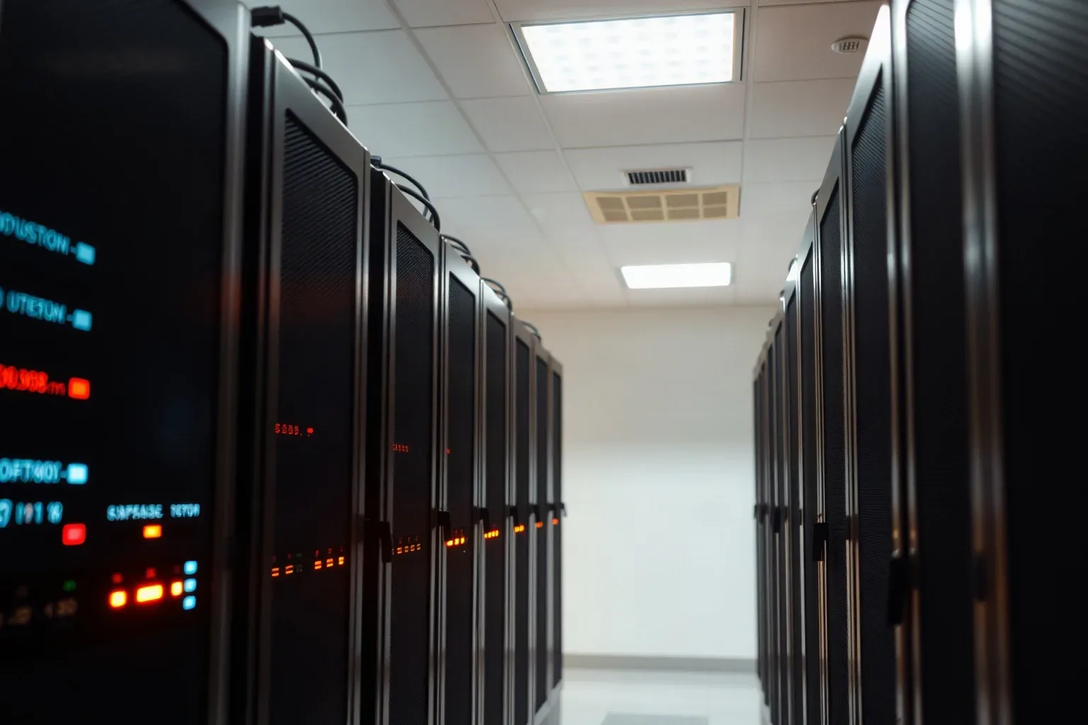 A server rack in a SaaS company's back office with indicator lights blinking
