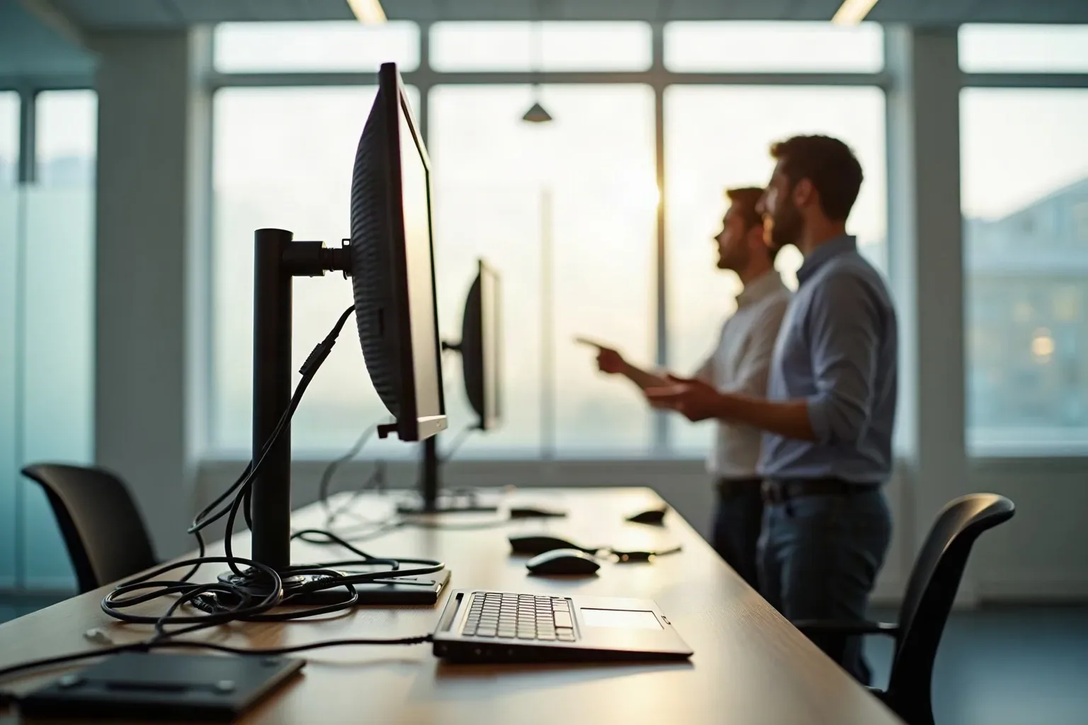 Two people stand talking beside a long desk with monitors on adjustable arms, cables and a laptop in a bright open-plan office with large frosted windows