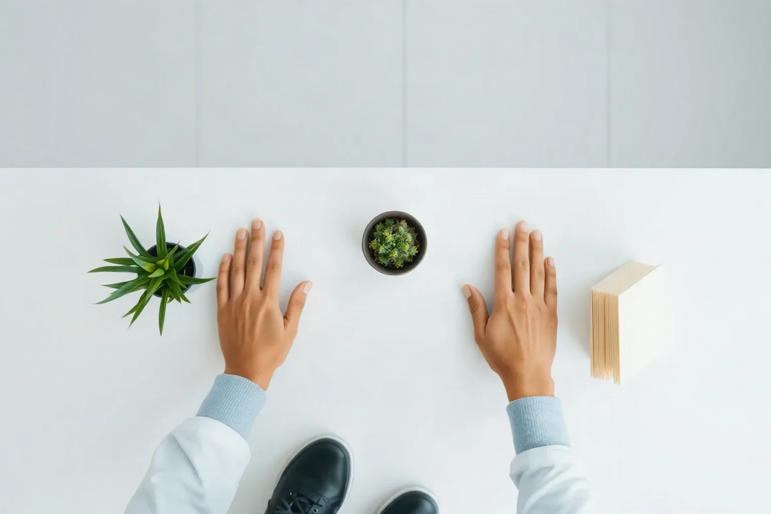 A clean healthcare reception desk with a potted plant and unmarked folders stacked to one side