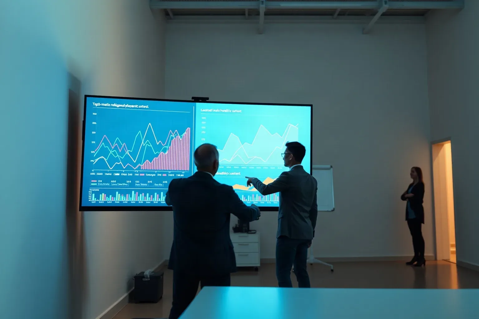 A wide monitor angled toward the camera showing abstract coloured graphs and link-metric curves