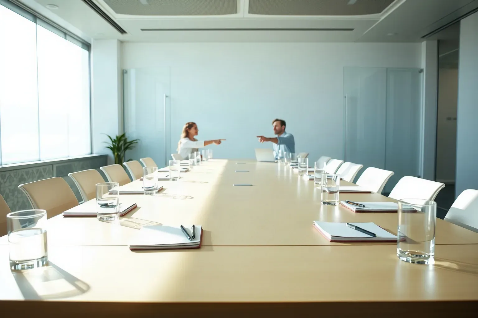 A long meeting table set for a strategy session with notebooks and water glasses