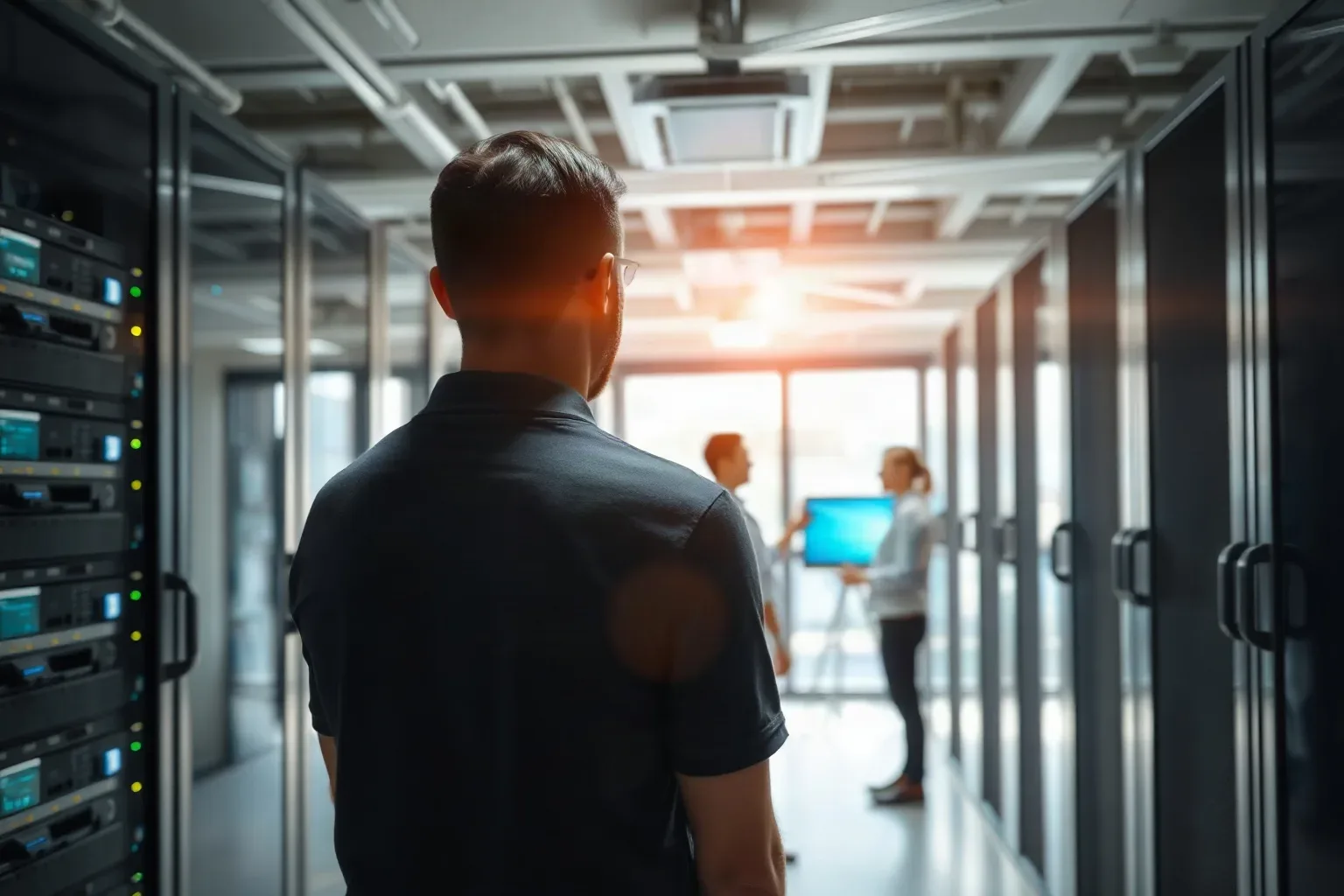 A server rack in a SaaS company's back office with indicator lights blinking