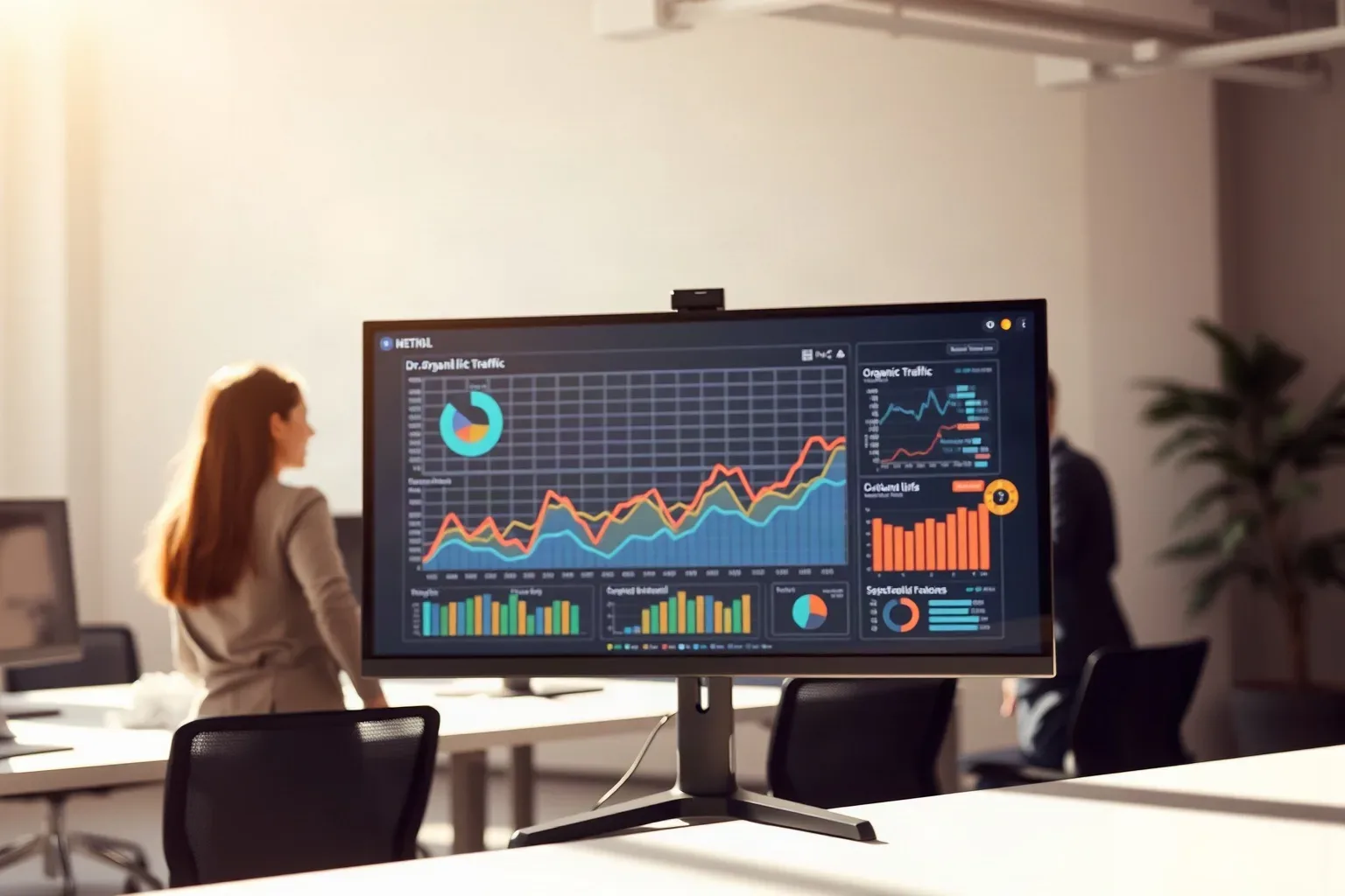 A wide monitor angled toward the camera showing abstract coloured graphs and link-metric curves