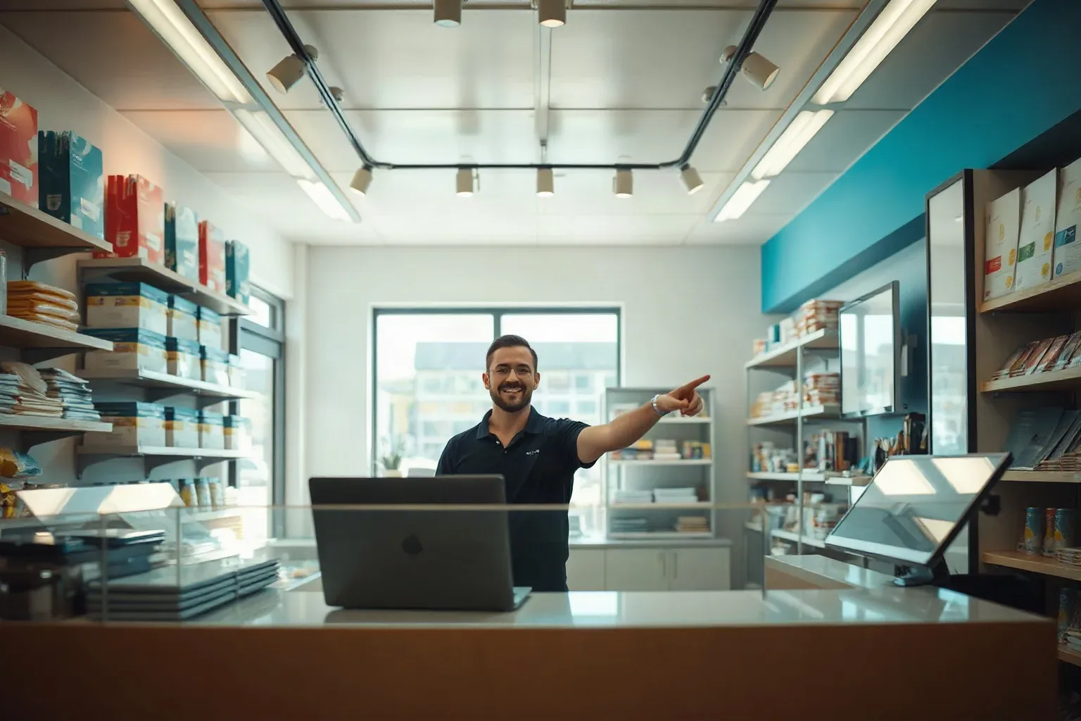 A smiling person stands behind a retail counter with shelving stocked with packaged goods on either side, pointing to the right whilst a laptop sits open on the counter