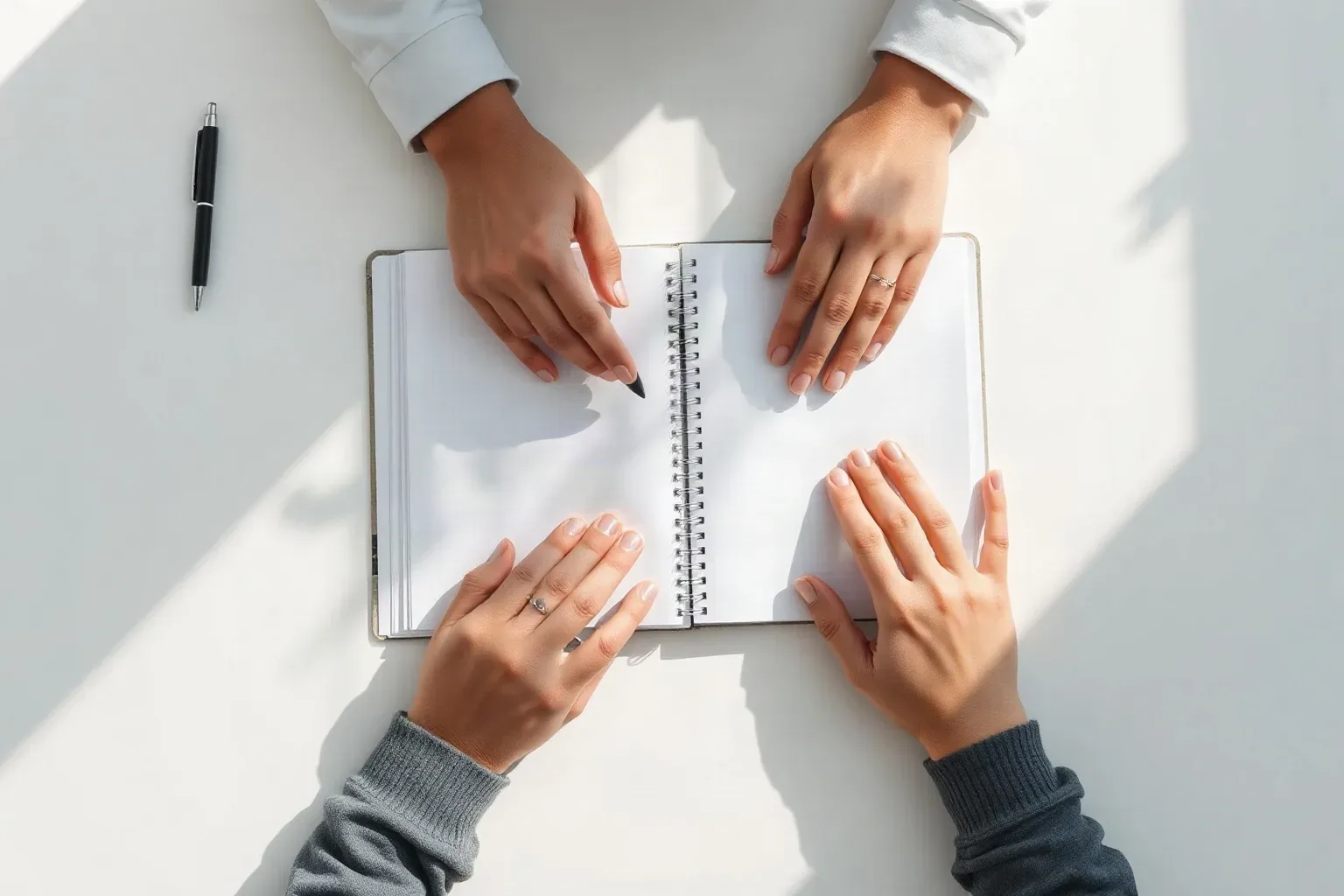 An open notebook turned to a blank spread beside an uncapped pen on a strategy desk