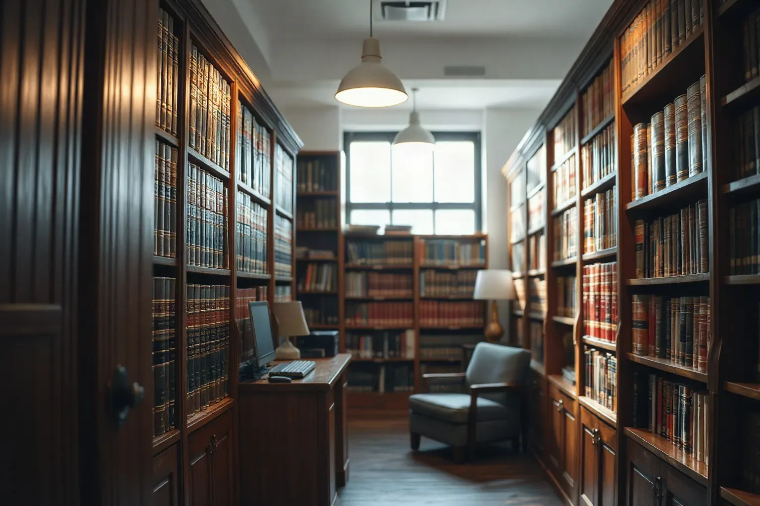 Bound legal reference volumes filling a dark wood shelf in a solicitor's office