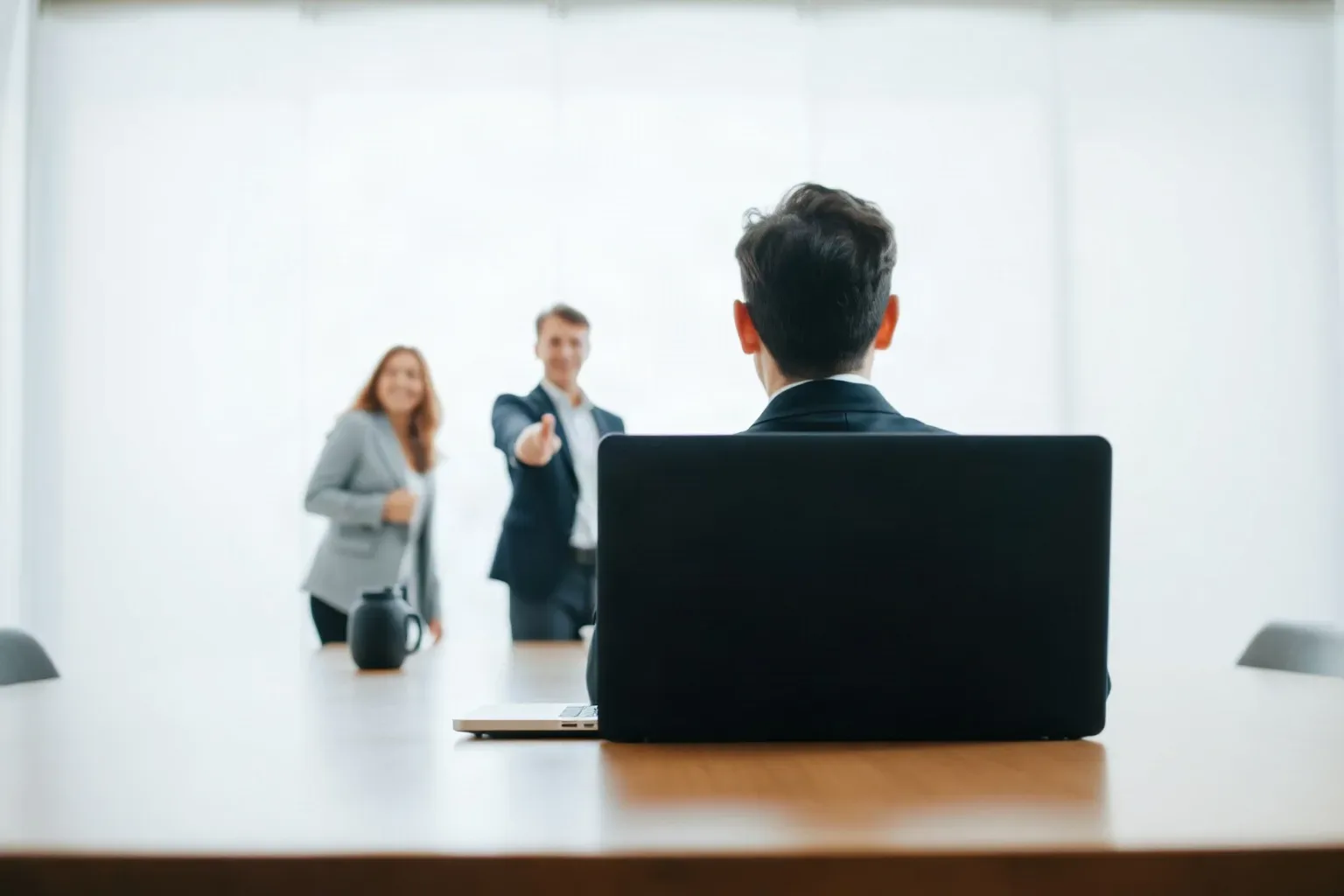 A laptop open at a shallow angle on a meeting table