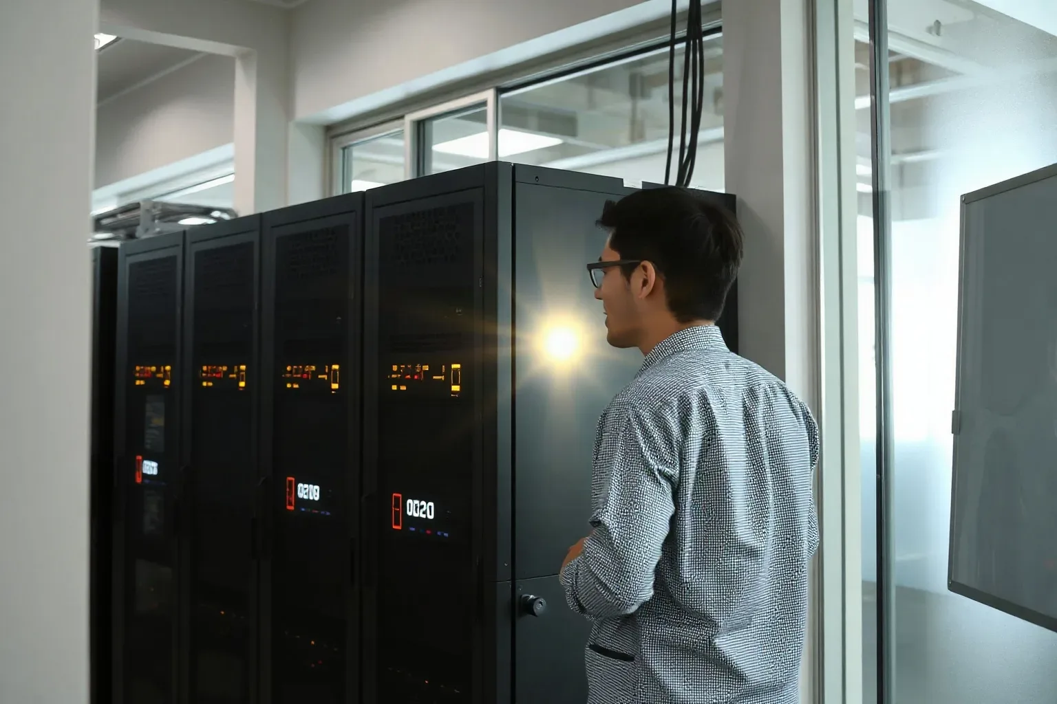 A server rack in a SaaS company's back office with indicator lights blinking
