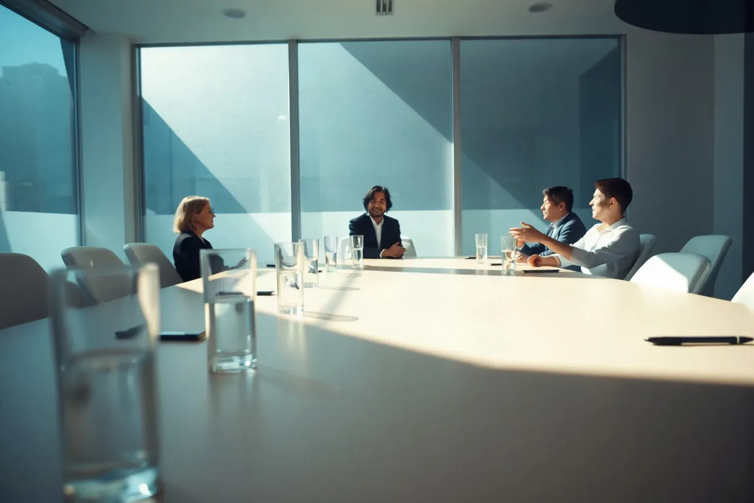 A long meeting table set for a strategy session with water glasses and scattered pens