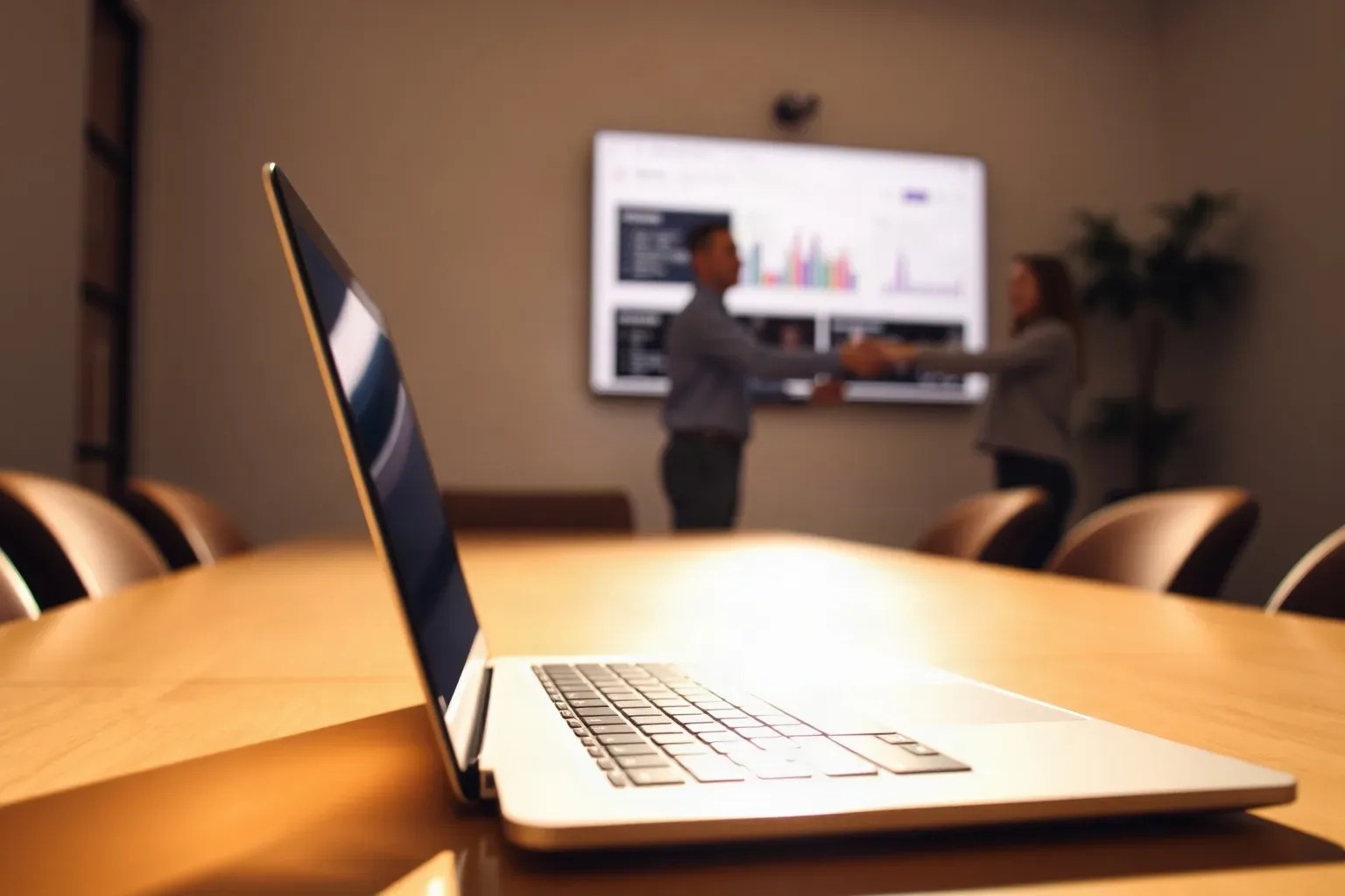 A laptop open at a shallow angle on a meeting table