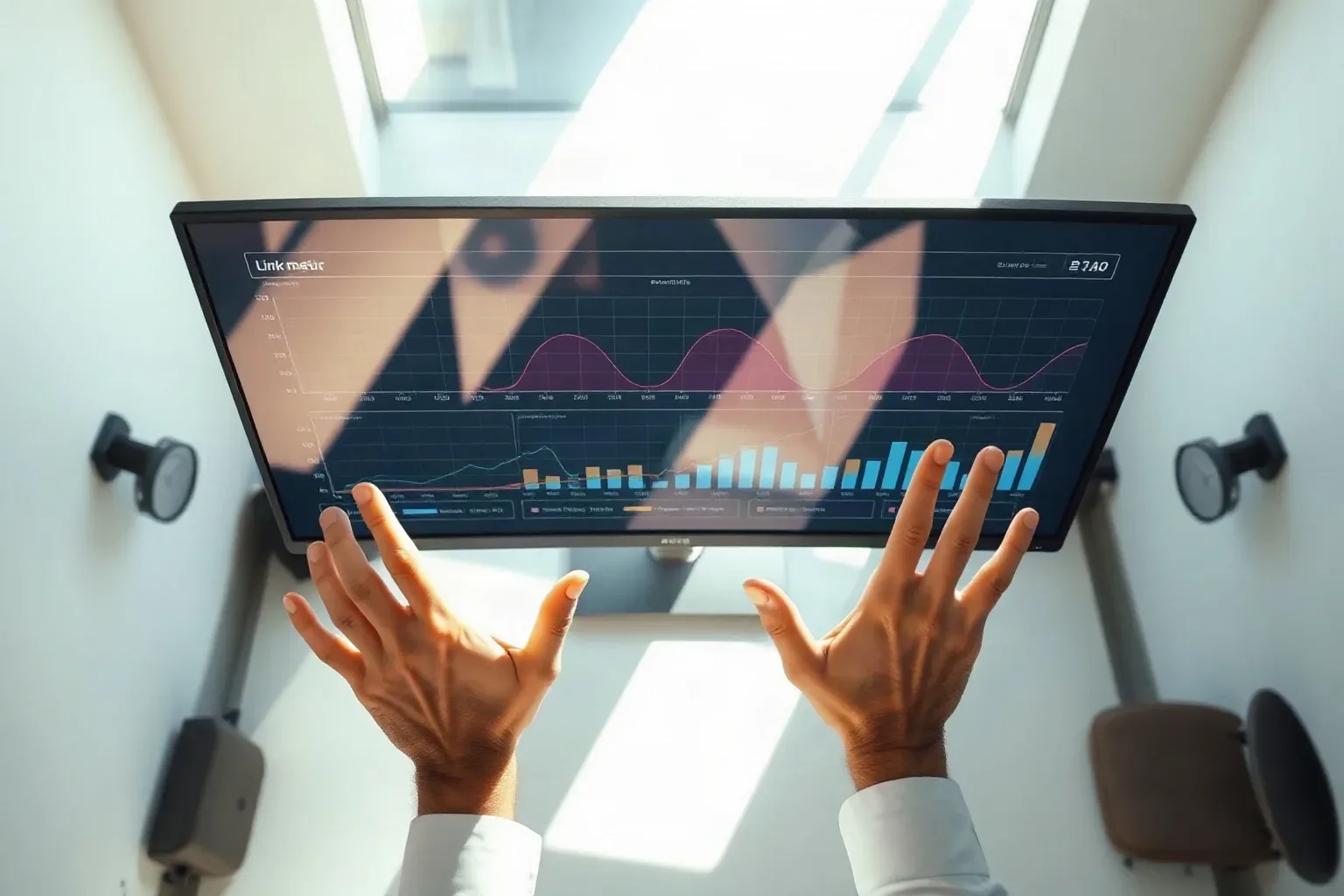 A wide monitor angled toward the camera showing abstract coloured graphs and link-metric curves