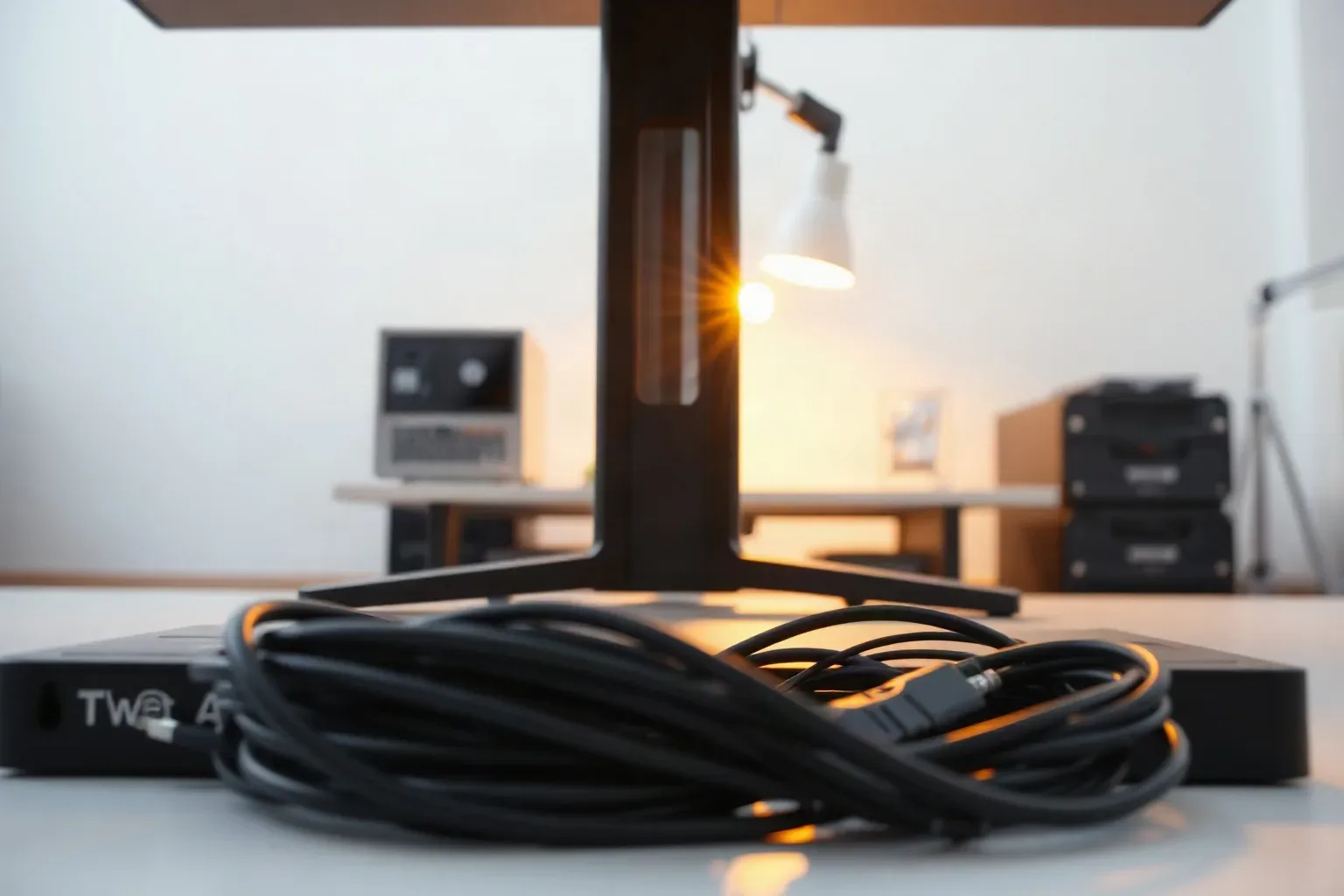 A neat cable tray beneath a standing desk with bundled leads and power strips