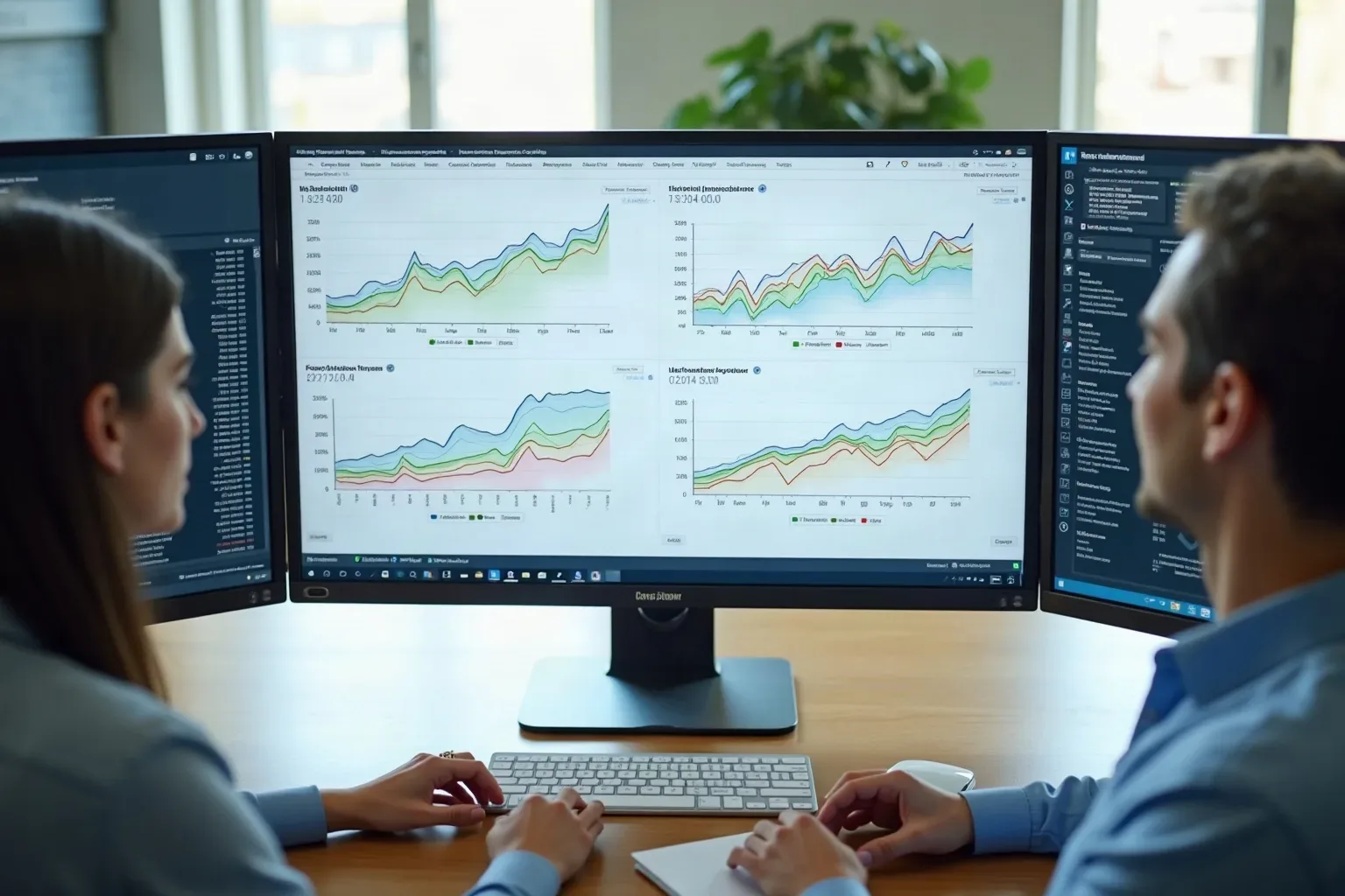 Two people sit side by side at a desk reviewing multiple area and line graphs displayed across a large monitor and two flanking screens